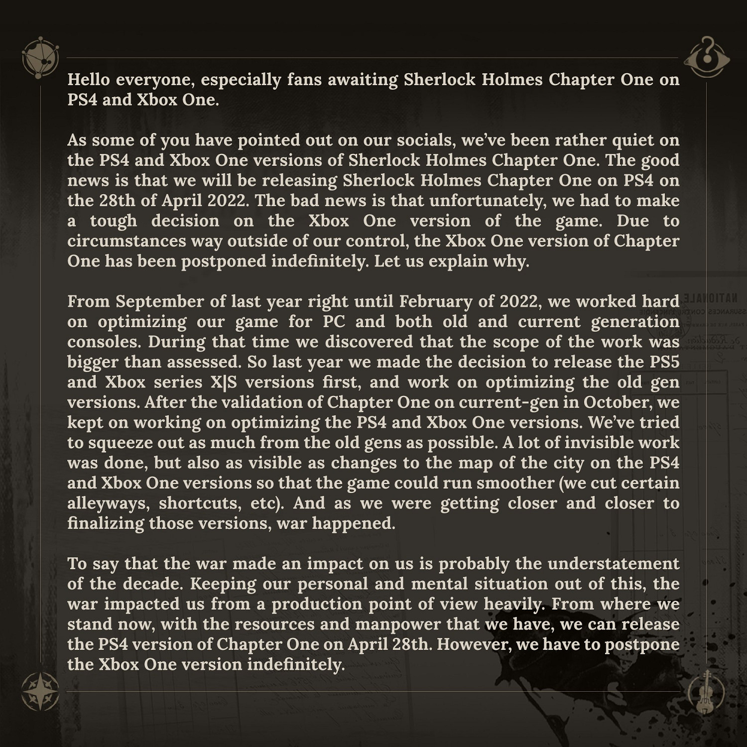 《福爾摩斯:第一章》XB1版宣布延期！PS4版下周發售