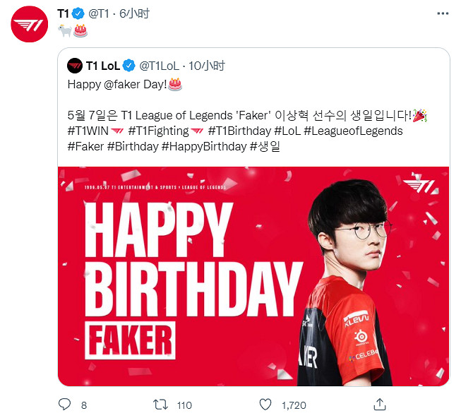 《英雄聯盟》選手Faker迎26歲生日：祝李哥生日快樂！