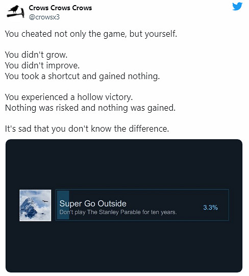 《史丹利的寓言》官推嘲笑作弊解鎖十年不玩成就玩家