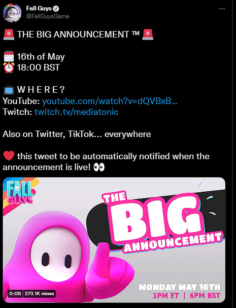 《糖豆人》官推暗示重大公告 疑似即將上線Switch平台 《糖豆人》官推暗示重大公告 疑似即將上線Switch平台