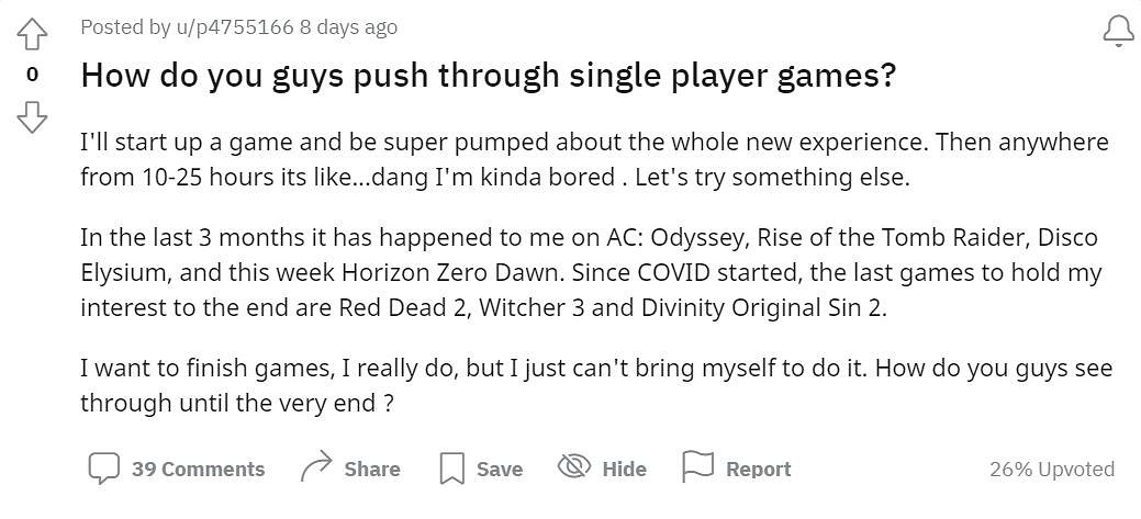 越玩越無聊？玩家吐苦水：好久沒能堅持通關遊戲了！