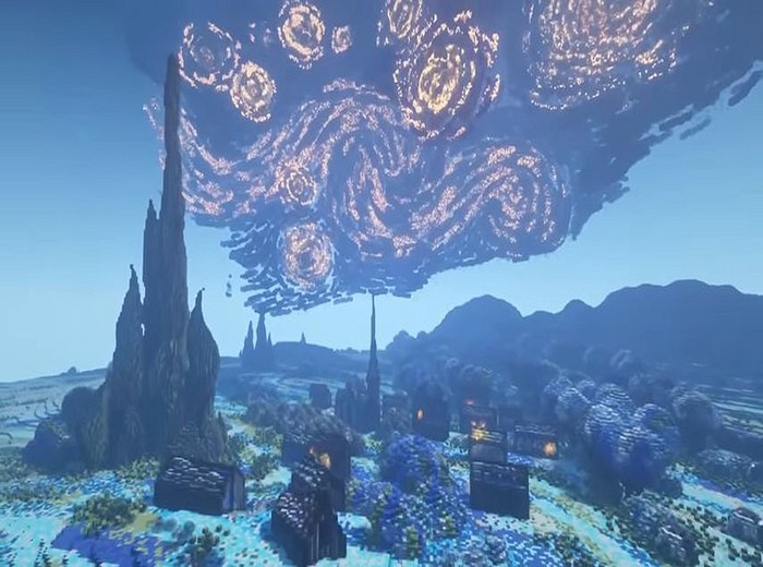 玩家在《當個創世神麥塊》中還原梵高名畫“星月夜”! 玩家在《當個創世神麥塊》中還原梵高名畫“星月夜”!