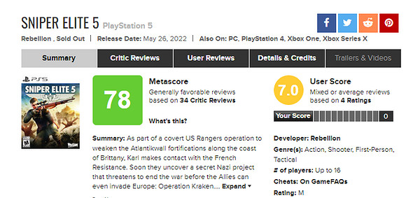 《狙擊精英5》全球媒體評分解禁！MC均分78 IGN 7分