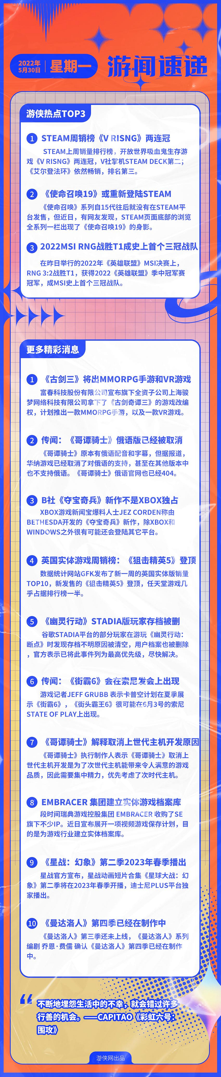 早報：《COD19》或重回Steam《古劍三》將出手遊