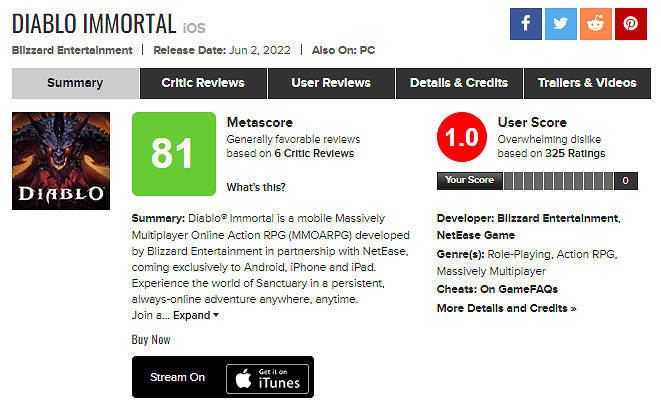 抵制開箱課金!《暗黑破壞神:不朽》M站玩家評分僅1分 抵制開箱課金!《暗黑破壞神:不朽》M站玩家評分僅1分