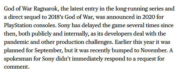 彭博社知名記者透露《戰神：諸神黃昏》將於11月發售
