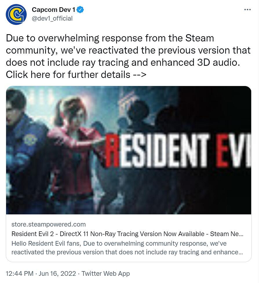 差評起效了!卡普空重新開放《生化2/3/7》DX11版本 差評起效了!卡普空重新開放《生化2/3/7》DX11版本