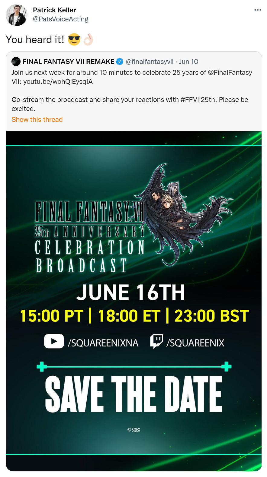 FF7重磅消息要來了？SE IR經理:千萬別錯過明天直播！