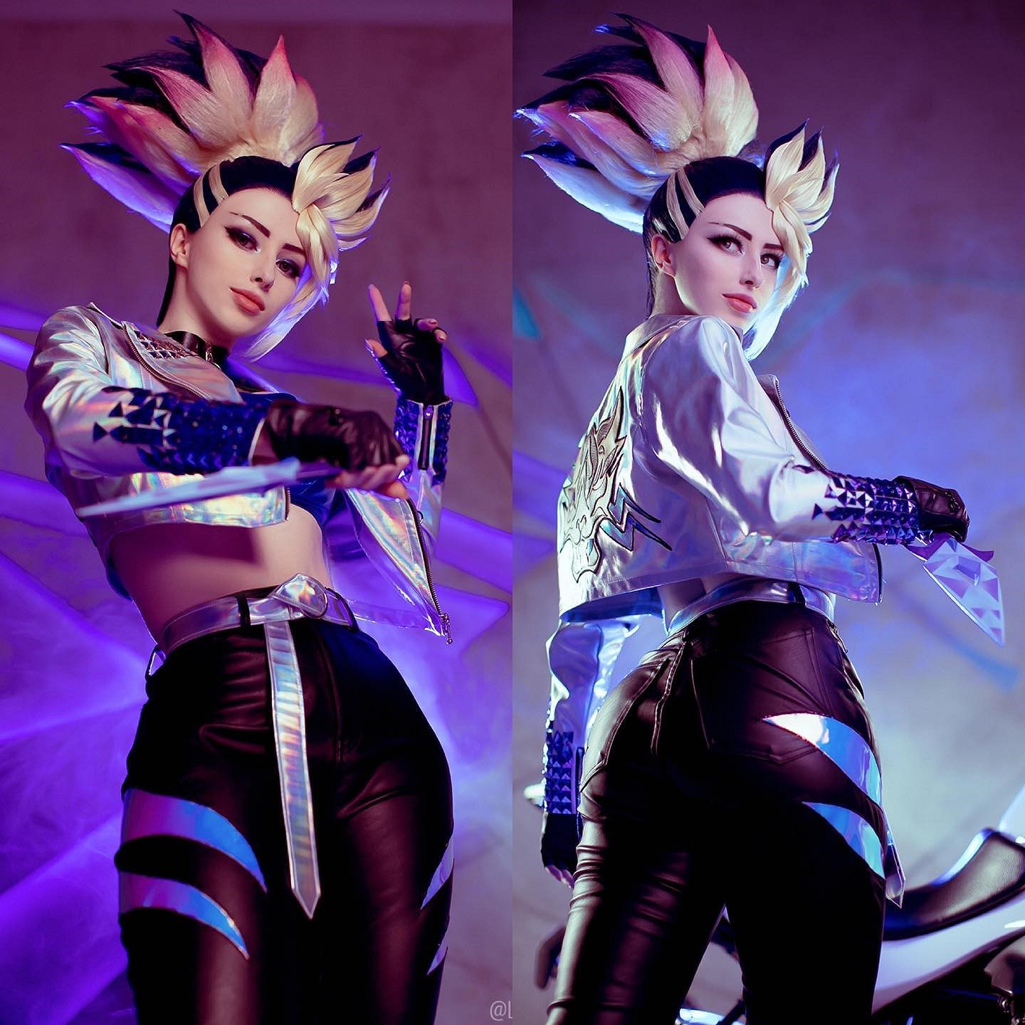 俄妹COS《LOL》阿狸：香肩美腿，藍衣短裙肉感狐耳娘