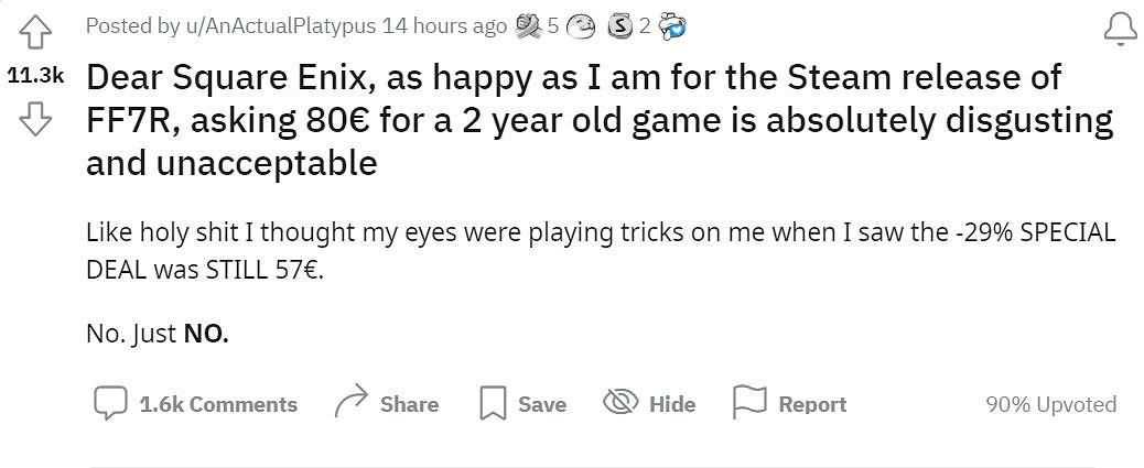 SE真有你的!大量玩家吐槽《FF7重製版》Steam定價 SE真有你的!大量玩家吐槽《FF7重製版》Steam定價