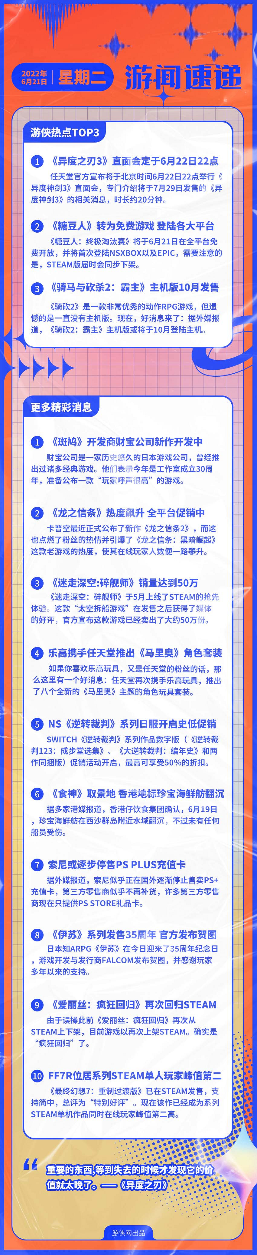 早報：異度之刃3直面會6.22 糖豆人變成免費遊戲