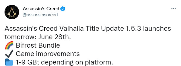 育碧宣布《刺客教條:維京紀元》1.5.3版更新明晚8點上線 育碧宣布《刺客教條:維京紀元》1.5.3版更新明晚8點上線