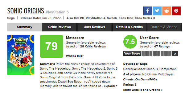 《索尼克：起源》全球媒體評分現已解禁！MC均分79