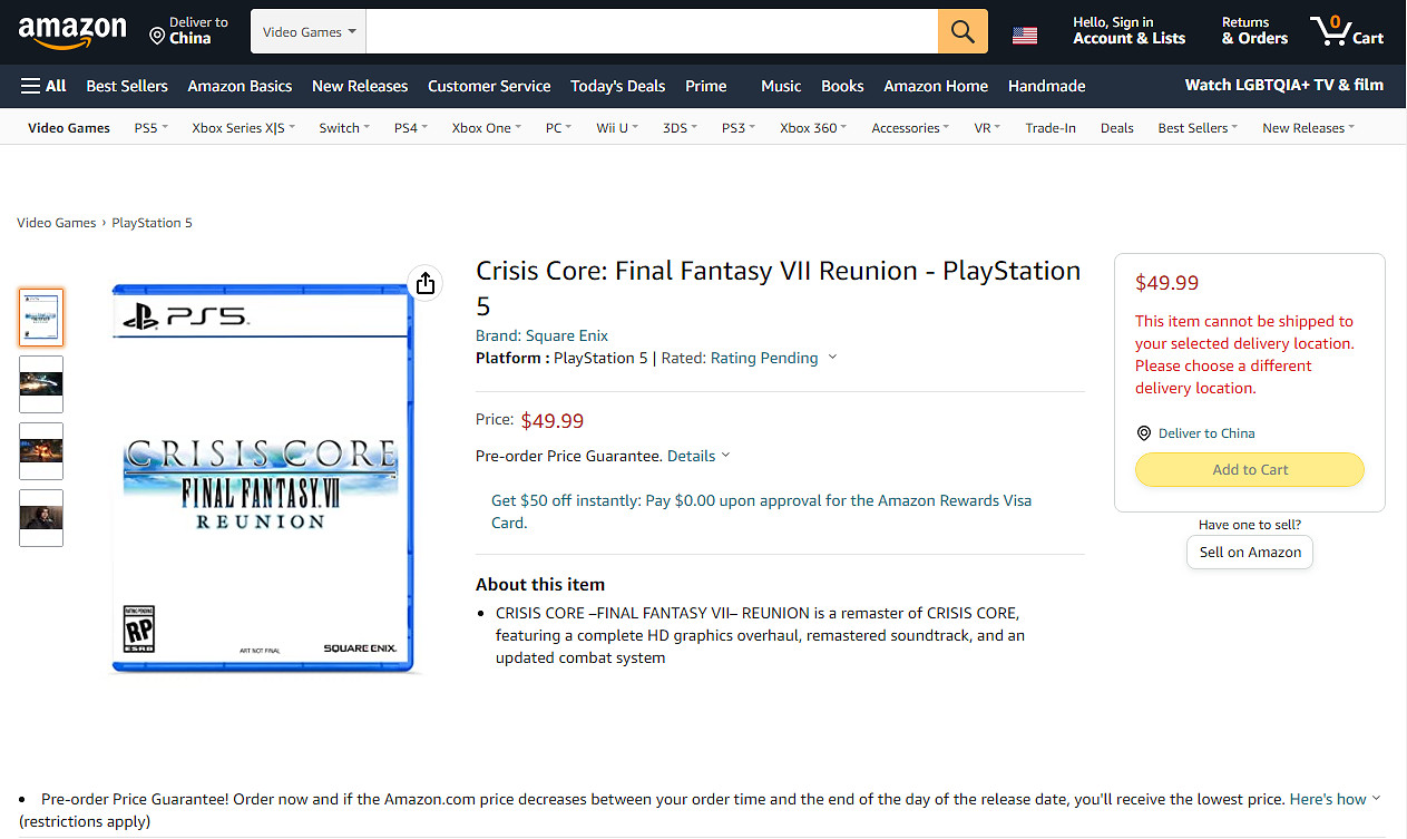 《最終幻想7核心危機 重聚》亞馬遜開放預購 售價曝光 《最終幻想7核心危機 重聚》亞馬遜開放預購 售價曝光