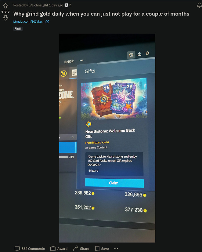 《爐石戰記》個別回歸玩家獲得150卡包回歸禮包
