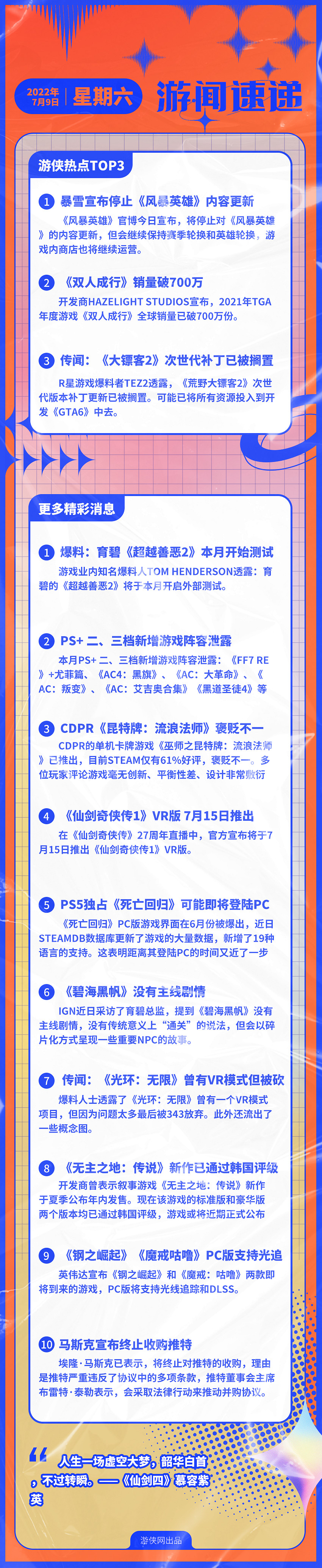 早報:《風暴英雄》停止更新 雙人成行銷量破700萬