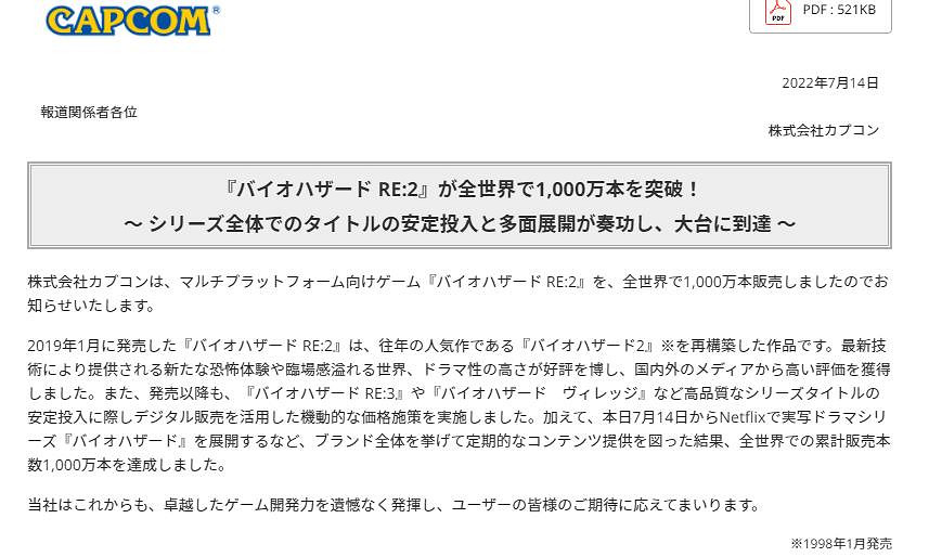 卡普空：《惡靈古堡2重製版》全球銷量破千萬